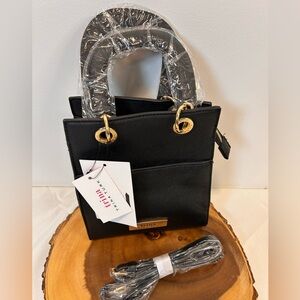 Trina Turk Black Mini Bag with Double Handles Crossbody Strap front slip pocket
